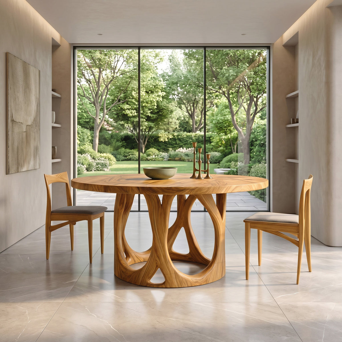 Modern Round Dining Table With Carved Sculptural Leg For Kitchen