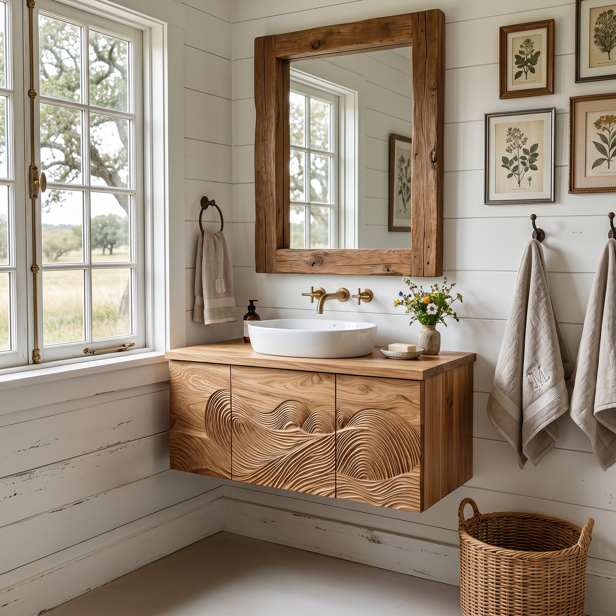 Sculptural Bathroom Vanity Wave Texture Wood Cabinet For Luxury Bathroom