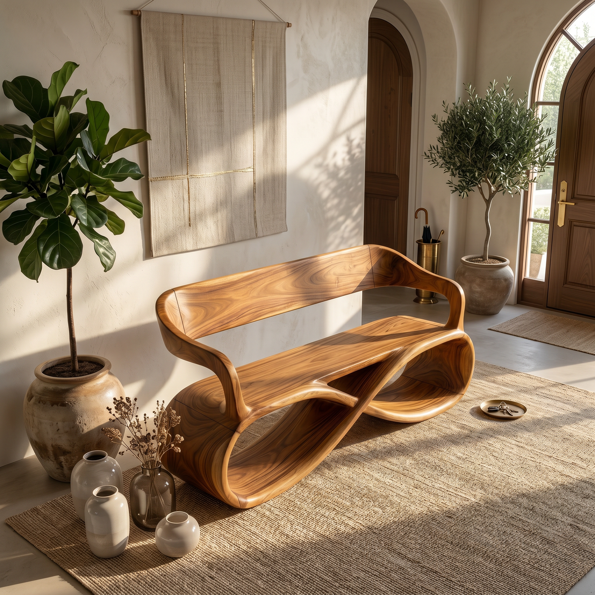 Sculptural Wooden Bench Modern Living Room