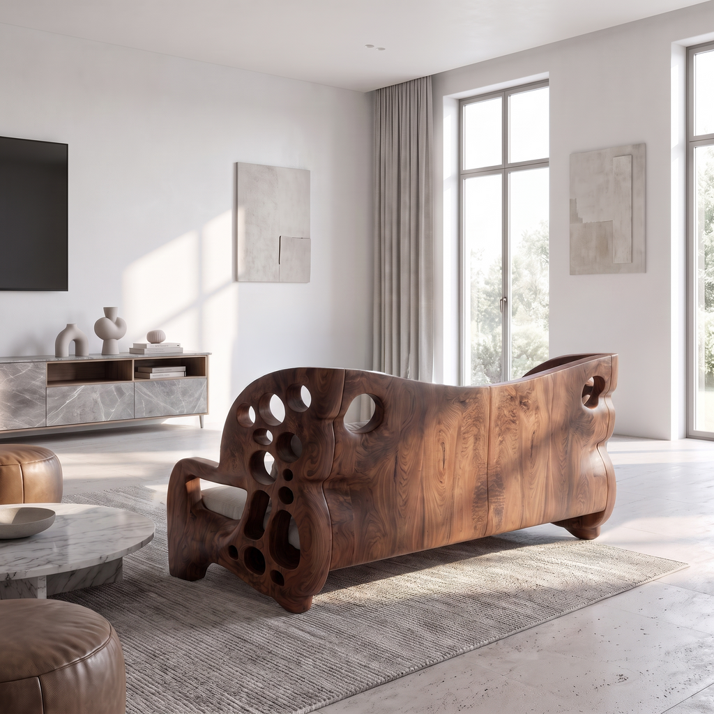 Organic Curved Sofa With Sculptural Wooden Base For Living Room