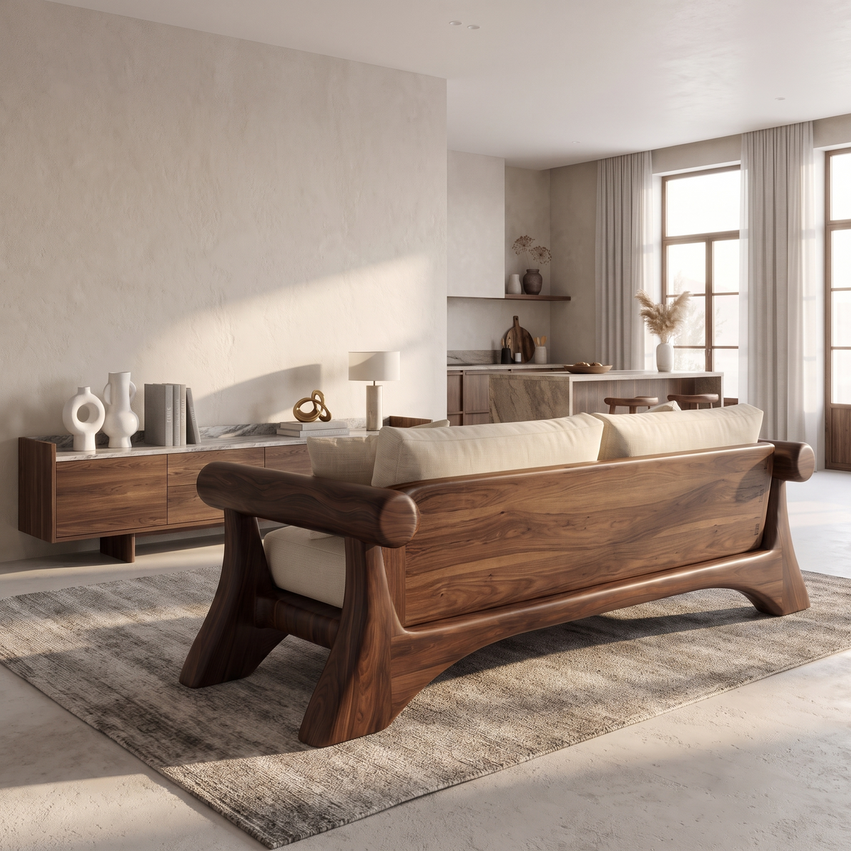 Minimalist Sofa Frame With Curved Solid Wood Arms For Living Room