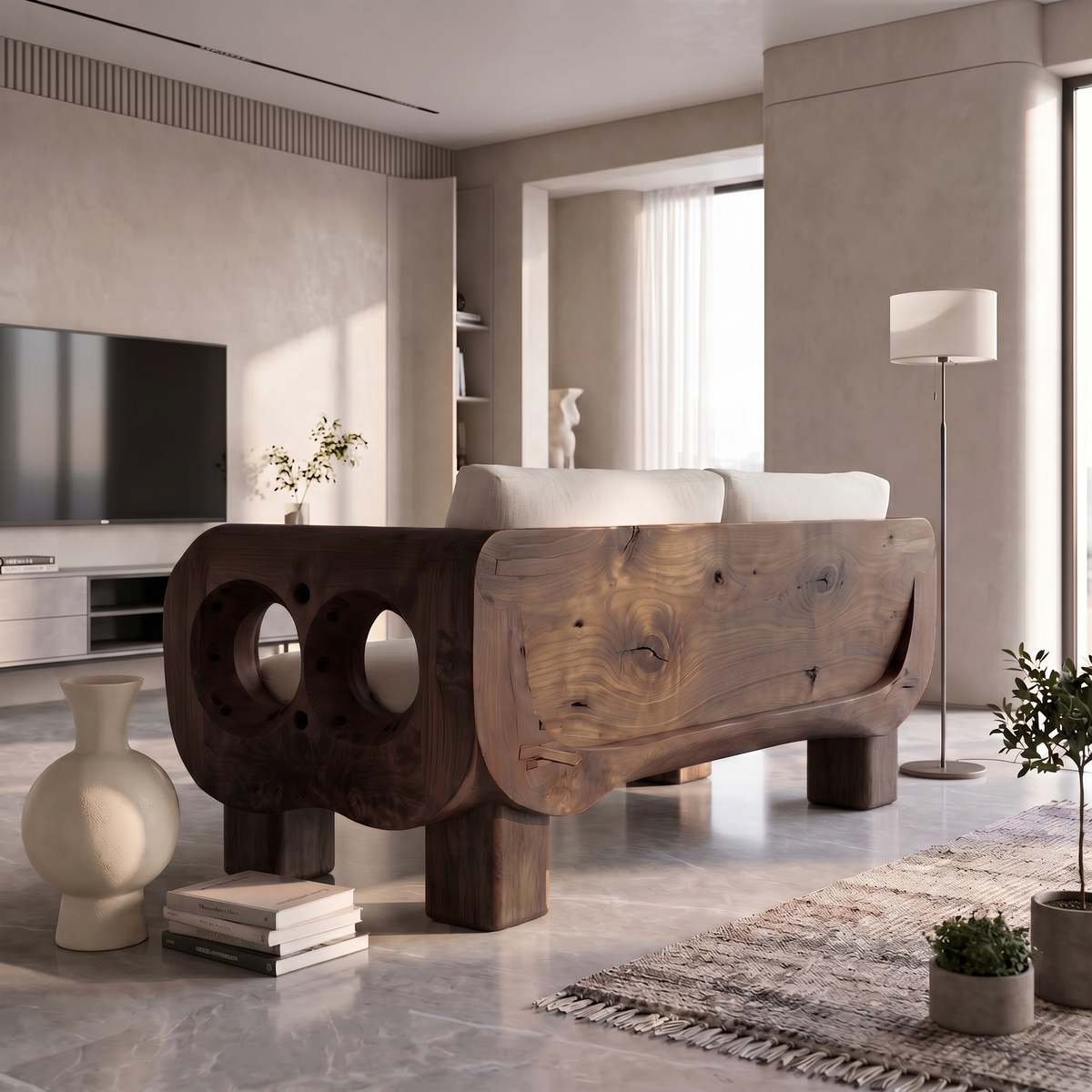 Rustic Sofa Frame With Handcrafted Sculptural Wood Design For Living Room
