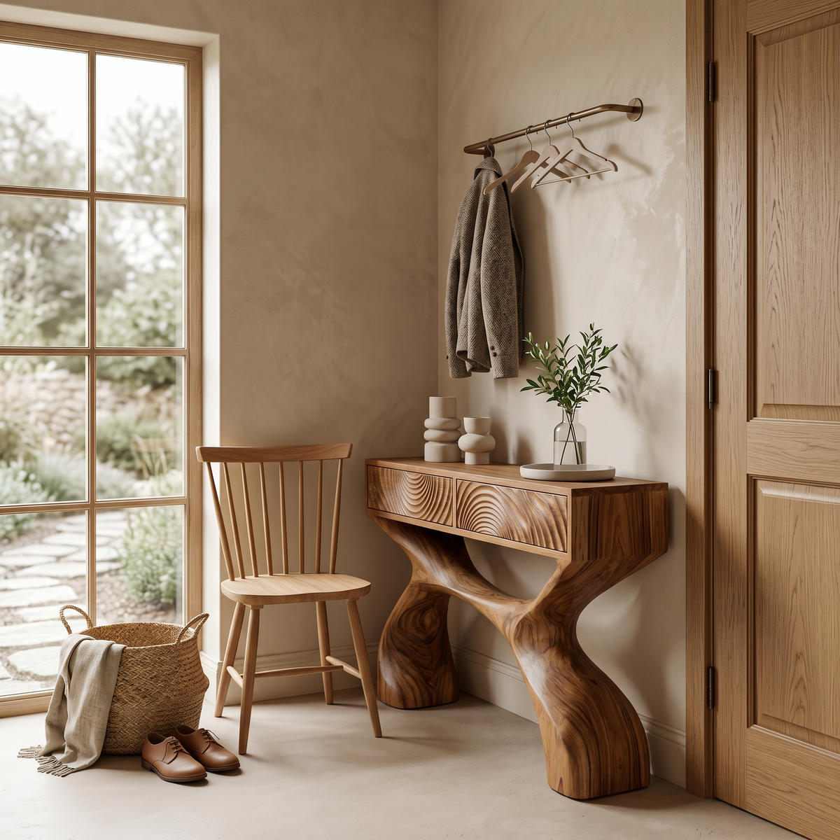 Contemporary Sculptural Wood Console Table For Hallway