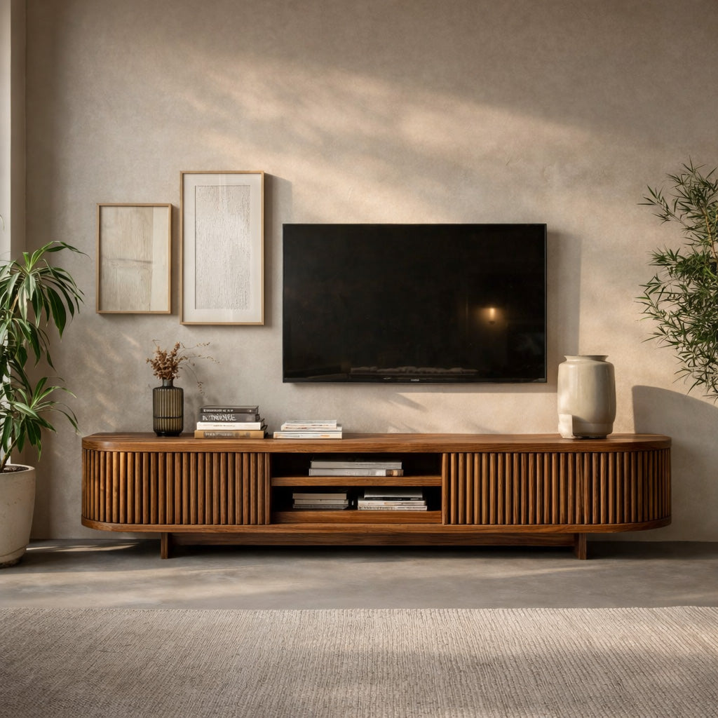 Hand Carved Wooden Media Cabinet For Living Room