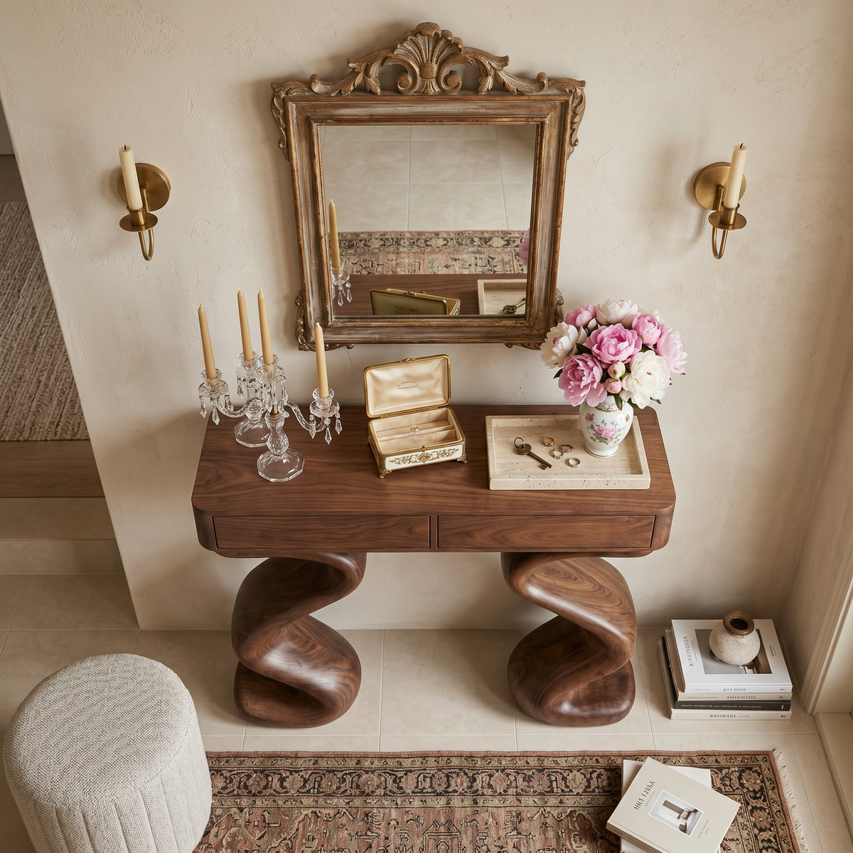 Contemporary Wood Console Table With Undulating Double Base For Home