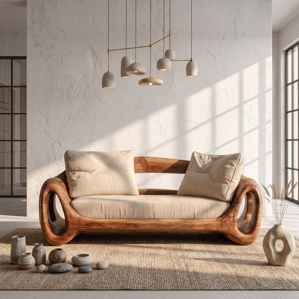 Organic Sofa Frame With Sculptural Circular Armrests For Living Room