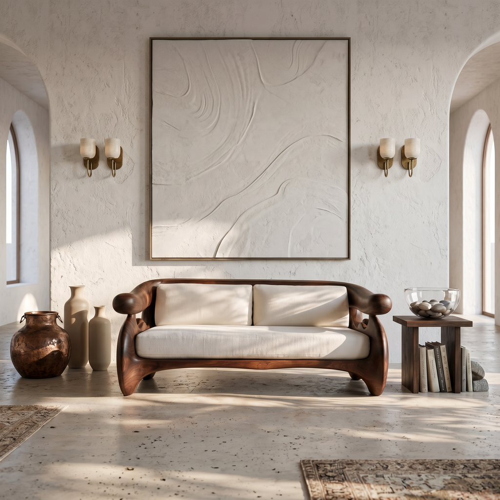 Organic Curved Sofa With Sculptural Wooden Base For Living Room