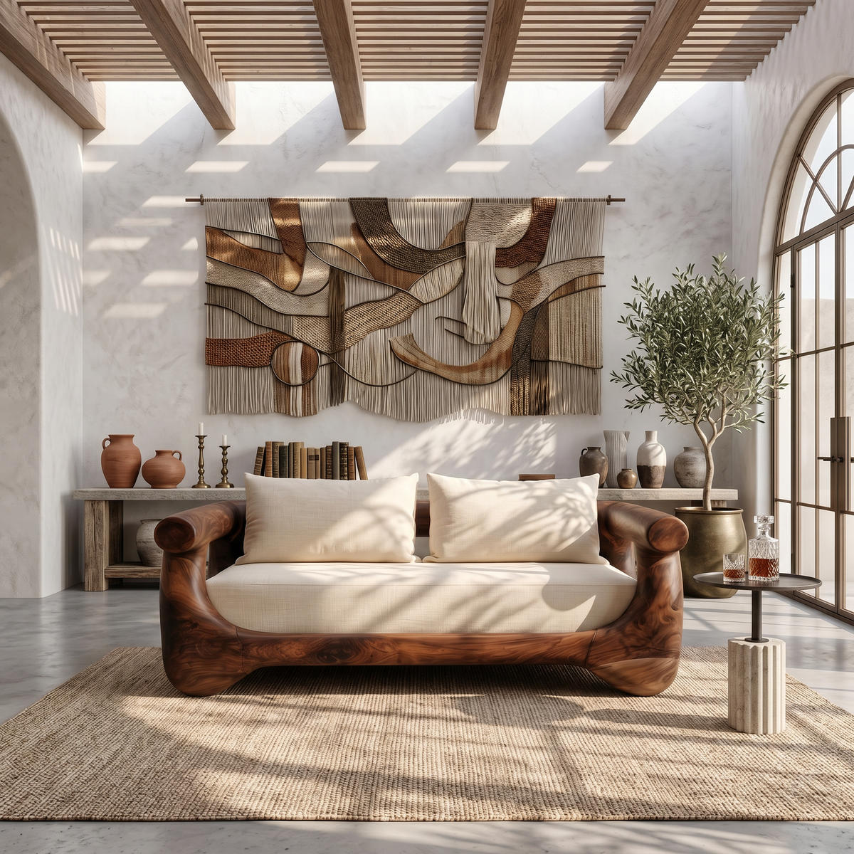 Modern Sofa With Sculptural Perforated Wood Frame For Living Room
