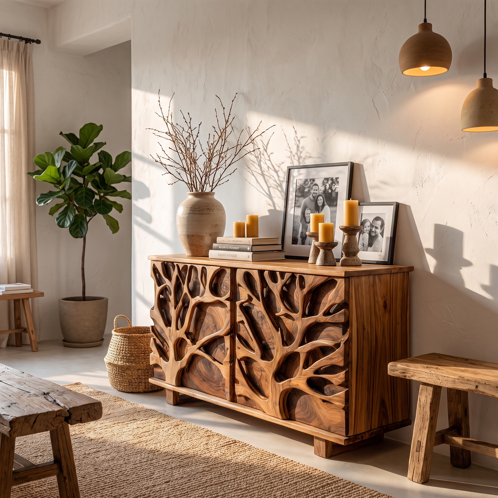 Nature Inspired Storage Cabinet With Hand Carved Wood Design For Entryway