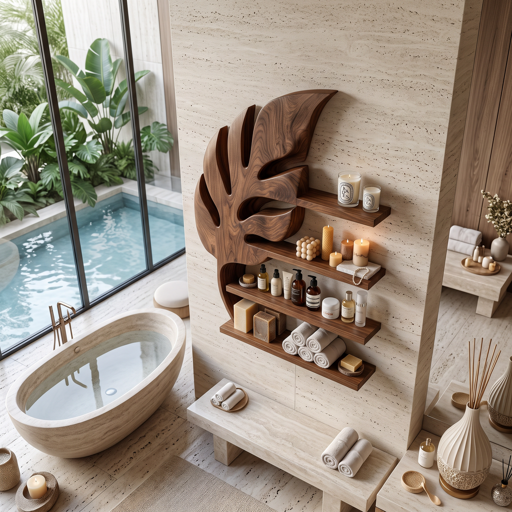 Modern Wooden Leaf Bathroom Shelf For Bathroom Interior
