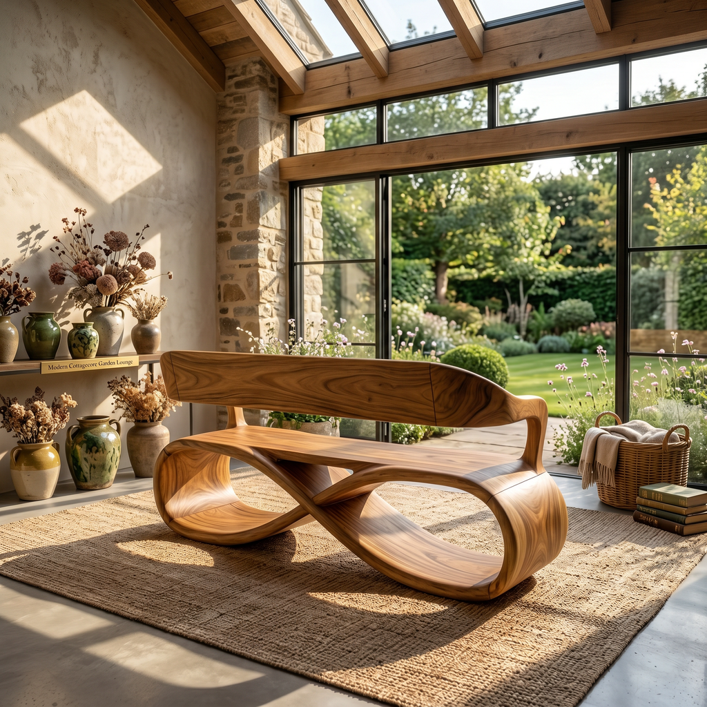 Sculptural Wooden Bench Modern Living Room