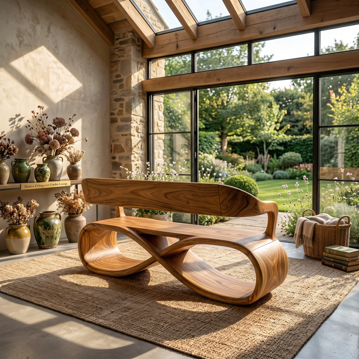 Sculptural Wooden Bench Modern Living Room