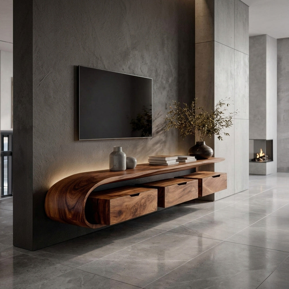 Minimal Curved Floating TV Console With Drawers For Living