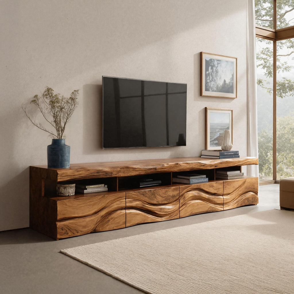 Modern Wave Carved Wood TV Stand For Living Room