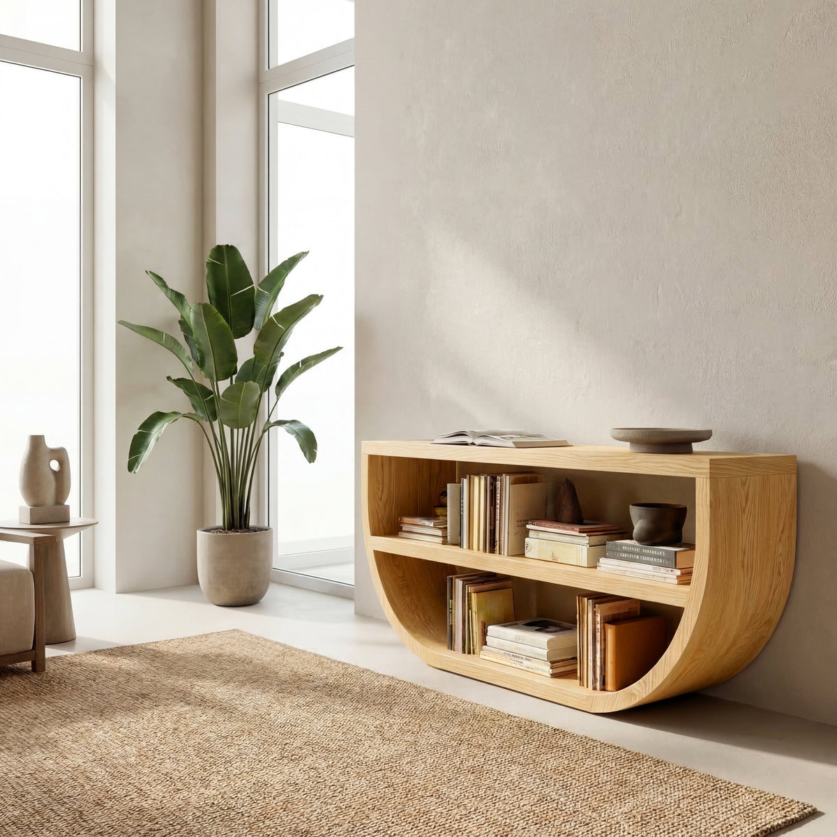 Organic Wooden Console Table With Storage For Living Room